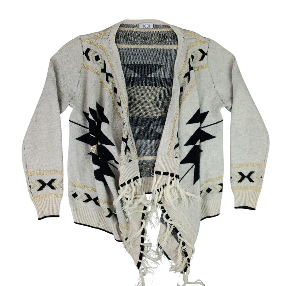 Tobi Womens OSFA Open Front Fringe Cardigan Aztec Southwestern Boho Cozy Warm